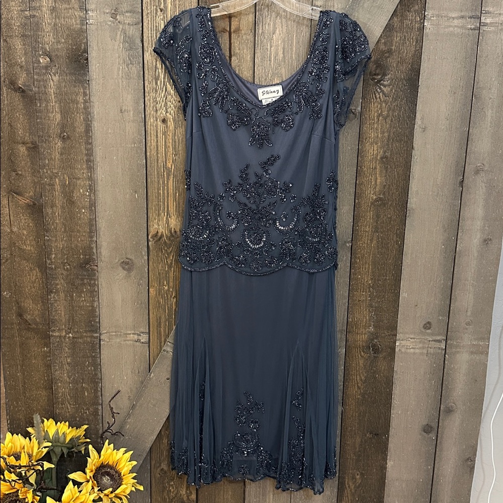 Vintage Stenay Blue Mesh Beaded Sequin Midi Dress